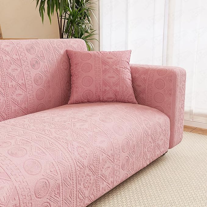 Lukzer 3 Seater Pastel Pink Tribal Pattern Sofa Cover | 240 GSM Universal Stretch Fit Jacquard Fabric Couch Protector | Fully Covered Anti Slip & Washable Sofa Cover (180-230cm/SC-073-03)