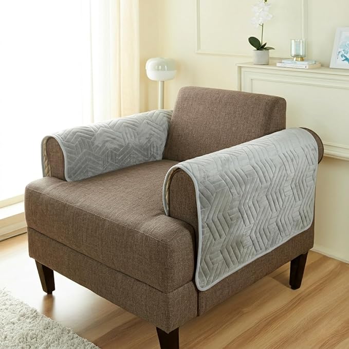 Amazon Basics – Velvet Quilted Make Your Own Sofa Cover | 70cm x 70cm |Microfiber Sofa Slipcover (Striped,Silver, Set of 2 Armrest)