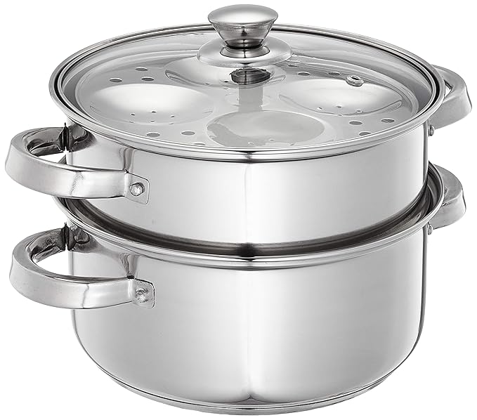 Amazon Brand Solimo - Stainless Steel 2 Tier – Steamer / Idli Cum Modak Maker With Glass Lid- 20 Cm | 3 Liters | Induction Base | Silver