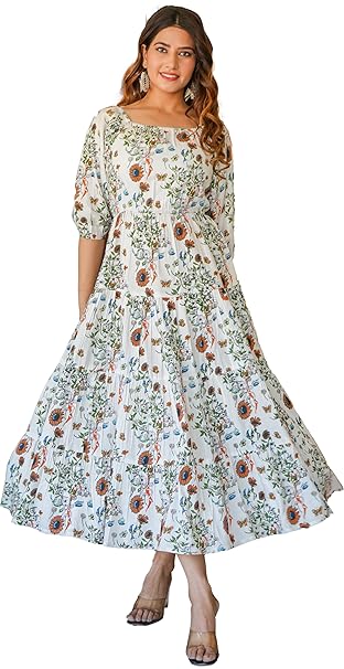 Yash Gallery Women's Rayon Floral Printed Tiered Style Maxi Dress
