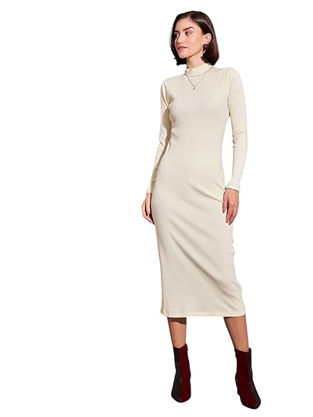 Sassafras Women’s Bodycon Full Sleeves Ribbed High Neck Maxi – Casual Basic Dress