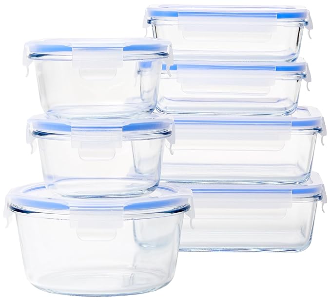 amazon basics Glass Leak-Proof Locking Lids - Food Storage Containers, 7-Piece Set, Transparent