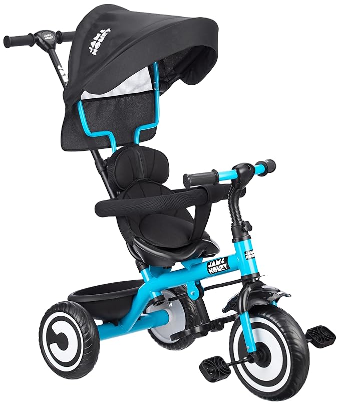 Amazon Brand – Jam & Honey Kids Tricycle with Canopy & Adjustable Parental Handle | Safety Belt, Storage Basket & Comfort Seat | BIS & ISI Certified | Sea Green | Ideal for Toddlers 2+ Years