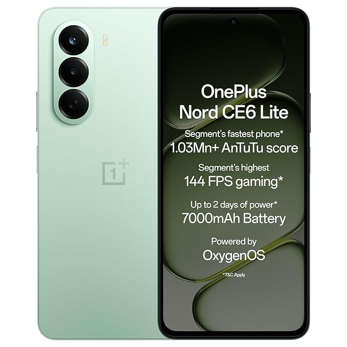 OnePlus Nord CE6 Lite | 6GB+128GB | Vivid Mint | Segment's Fastest Dimensity 7400 Apex Processor | 7000mAh Battery | Segment's Highest 144Hz Refresh Rate | 50MP Main Camera, 4K Video Recording