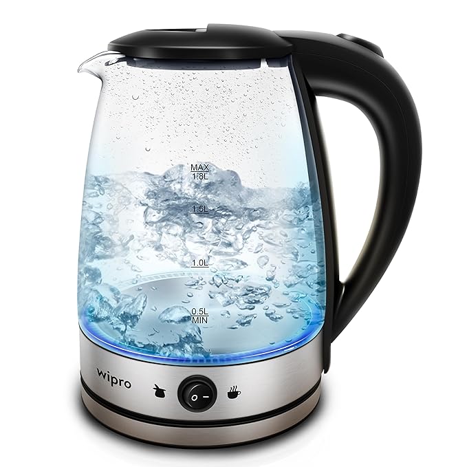 Wipro Elato 1.8 litre Glass LED electric Kettle with Keep warm Function | Auto cut off | Triple Protection - Dry Boil, Steam & Over Heat |Stainless Steel Inner Body | 1500 watts