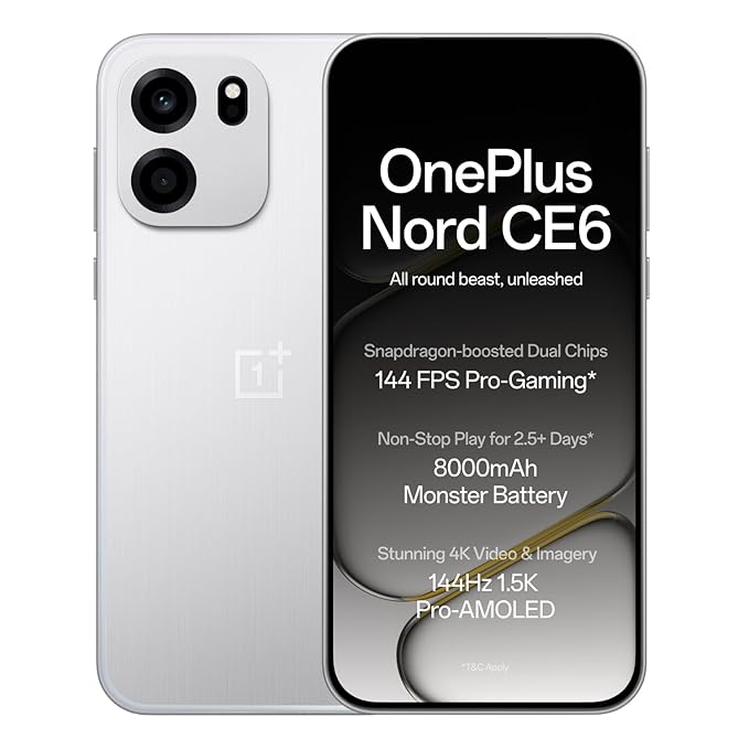 OnePlus Nord CE6 | 8GB+256GB | Lunar Pearl | Snapdragon 7s Gen 4 | Segment's Fastest Touch Response | 8000mAh Battery | 144Hz 1.5K AMOLED Display | 50MP Main + 32MP Selfie 4K Cameras | IP66,68,69,69K