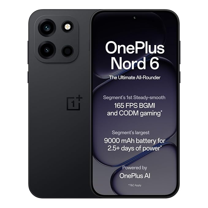 OnePlus Nord 6 | 12GB+256GB | Pitch Black | Snapdragon 8s Gen 4 | Segment's First Stable 165FPS Gaming | Segment's Largest 9000mAh Battery | Most Complete IP Rating | Personalized AI