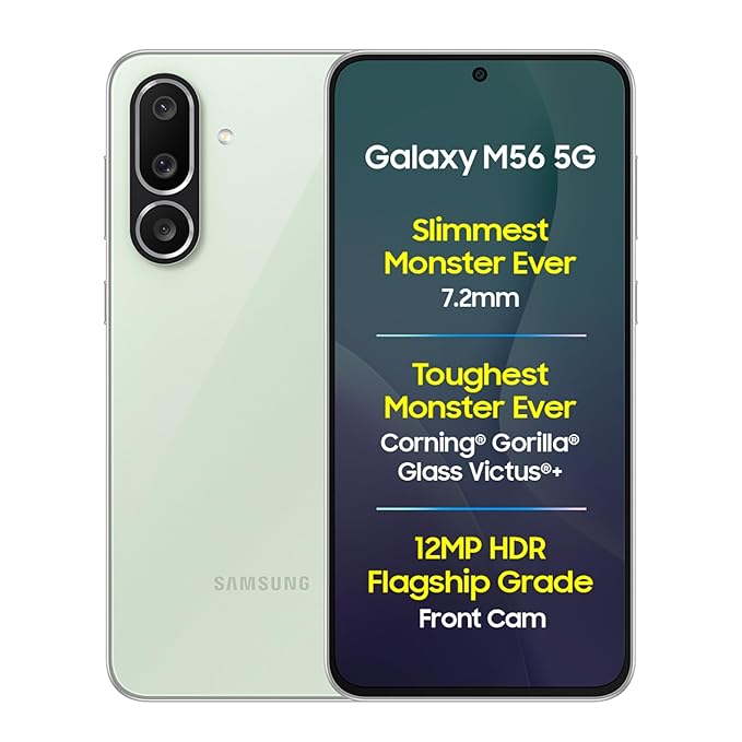 Samsung Galaxy M56 5G Mobile (Light Green,8GB RAM,128GB Storage)| Segment Slimmest | Gorilla Glass Victus+| 10 Bit HDR Video| 50MP Camera| AI | Vapour Cooling Chamber| Lag-free Gaming| Without Charger