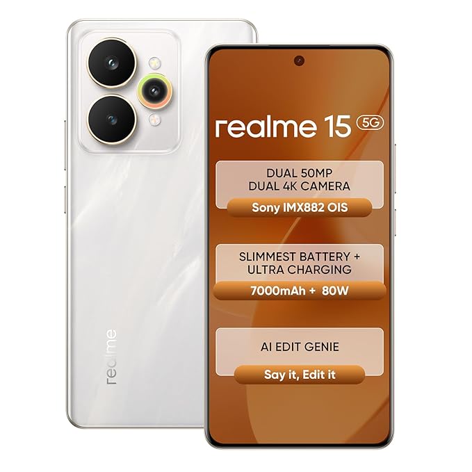 realme 15 5G Smartphone 8+256GB Silver,144Hz HyperGlow 4D Curve Display,7000mAh Battery,80W SuperVOOC,Dual 50MP 4K Cameras,Dimensity 7300+ Chipset,IP69
