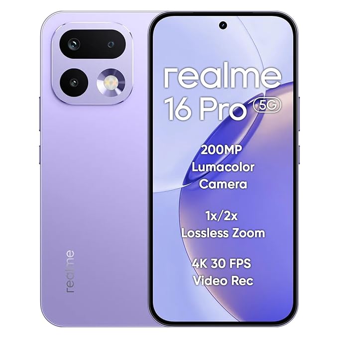 realme 16 Pro 5G Smartphone 12+256GB, 144Hz AMOLED Display, 7000mAh Battery, 80W SuperVOOC, 200MP Primary Camera 50MP Front Camera, MediaTek 7300-Max Processor, IP69, Orchid Purple