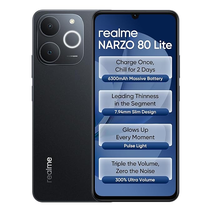 realme NARZO 80 Lite 4G (Obsidian Black 2026, 4GB+64GB) | 6300mAh Segment's Biggest Battery | 7.94mm Slim Design | 300% Ultra Volume | Pulse Light: 9 Colors, 5 Glow Modes | Ai Assist