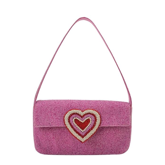 Boho Girl Chic Pink Heart Embellished Fully Beaded Shoulder Bag for Women, Luxury Handbag, Ladies Bag, Tote Bag, Shoulder Bag, Designer Stylish Bag for Women