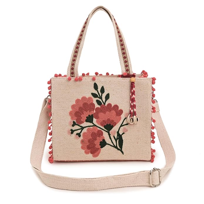 Boho Girl Marigold Mini Tote Bag | Floral Embroidered Hand Bag with Pom-Poms & Tassel |Handbag, Shoulder Bag, Shoulder Women Bag with Inside Pocket | Jacquard Canvas Material