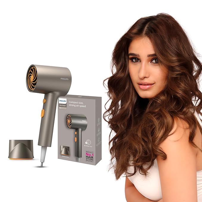 Philips India's No.1 Hair Styling Brand - Glass like Shine Hair Dryer | 1600W | 4 Heat x Speed Modes | 30M Negative ions | Travel-Friendly | For Indian Hair | Gifts for Men | BHD321