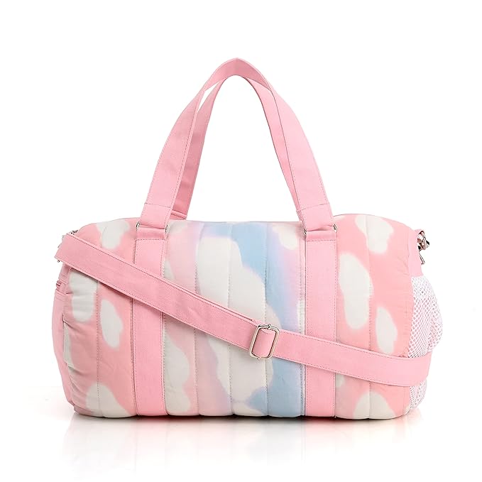 Boho Girl Cotton Quilted Duffle Bag for Women & Girls | Lightweight Gym & Travel Bag with Detachable Shoulder Strap, Spacious Interior, Inner Pockets & Zip Closure | Pink