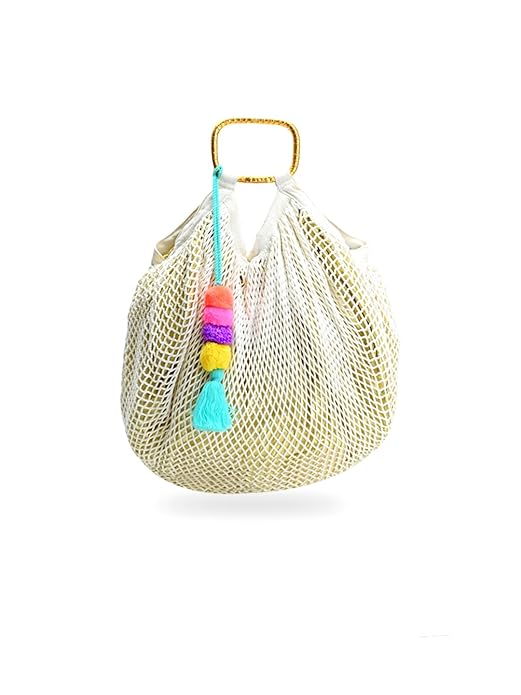 Boho Girl Organic Cotton Net Tote Bag for Women | Fishnet Market Bag with Wooden Handles & Pompom Tassel | Lined Handheld Casual Tote for Shopping, Beach & Travel