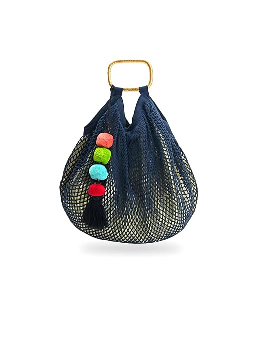 Boho Girl Organic Cotton Net Tote Bag for Women | Fishnet Market Bag with Wooden Handles & Pompom Tassel | Lined Handheld Casual Tote for Shopping, Beach & Travel