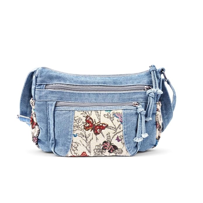 PALAY® Women Denim Crossbody Bag with Butterfly Pattern Trendy Shoulder Underarm Handbag for Daily Use and Travel