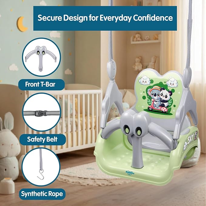 Amazon Brand - Supples Baby Swing for Kids | Non-Toxic Plastic | Indoor & Outdoor Use | Adjustable Design with Safety Belt | Age 6 Months to 4 Years | Green & Grey
