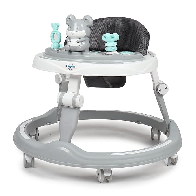 Amazon Brand - Supples Baby Walker (Musical) | Kids Walker with Toys | Baby Walkers for Boys & Girls 9+ Months | Adjustable Height Walker with RGB Lights | Plastic | Grey & White
