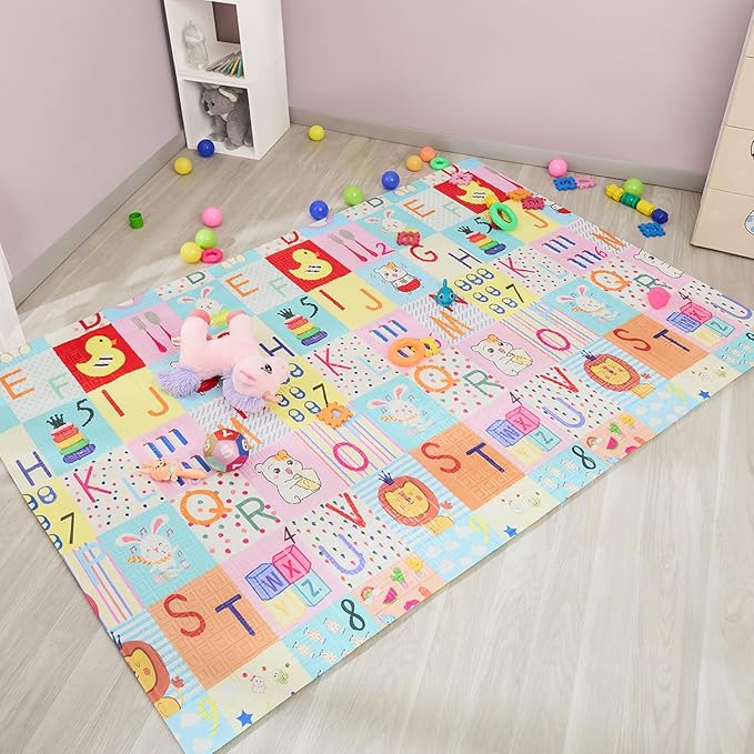 Amazon Brand - Supples Reversible Baby Playmat | Certified BIS-Approved Foldable Foam Mat for Learning & Crawling | 0.6 cm Thick | 2+ Months Baby | Alphabetical Design | 6.5 x 4.5 ft Multicolour