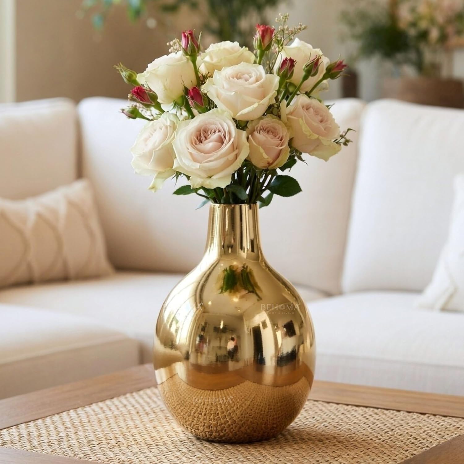 BEHOMA Glossy Golden Metal Flower Vase for Home Décor | Valentine Gift for Girlfriend, Wife & Loved Ones | Table Decoration Flower Pot for Living Room & Office | 1Pcs (7") (Flower not Included)