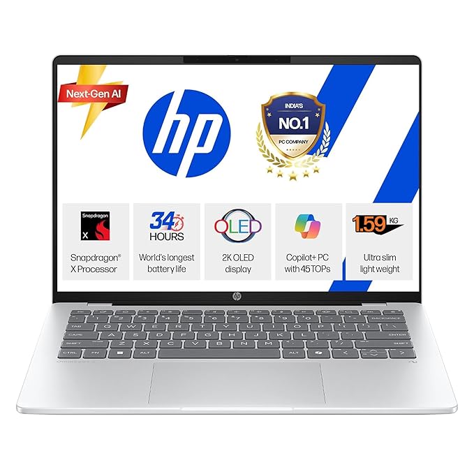 HP Smartchoice Omnibook 5 OLED (Previously Pavilion), Snapdragon X Processor 45 Tops (16GB LPDDR5x, 1TB SSD) 2K,16''/40.6cm, Win11, Office24, Silver, 1.59kg, fb0001QU, Multi-Day Battery AI Laptop