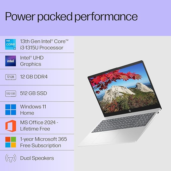 HP 15 Smartchoice, 13th Gen Intel Core i3-1315U (12GB DDR4, 512GB SSD) FHD, Anti-Glare, Micro-Edge, 15.6''/39.6cm, Win11, M365(1yr)*Office24, Silver, 1.59kg, fd0573TU, FHD Camera w/Shutter Laptop