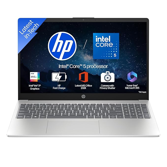 HP 15 (i5 14th Gen), Intel Core 5, 16 GB RAM (Upgradeable), 512GB SSD, FHD, Anti-Glare, 15.6''/39.6cm, Win11, M365 Basic(1yr), Office24, Silver,1.59kg, fd0682tu, FHD Camera w/Shutter, Backlit Laptop