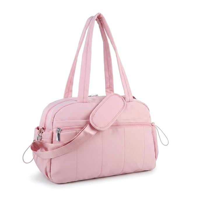 PALAY® Gym Bag for Women Pink Nylon Quilted Travel Bags Open Multi-Pocket Puffy Duffle Bag with Adjustable Crossbody Strap Water-Resistant Sports Workout Carry-On Travelling Bags