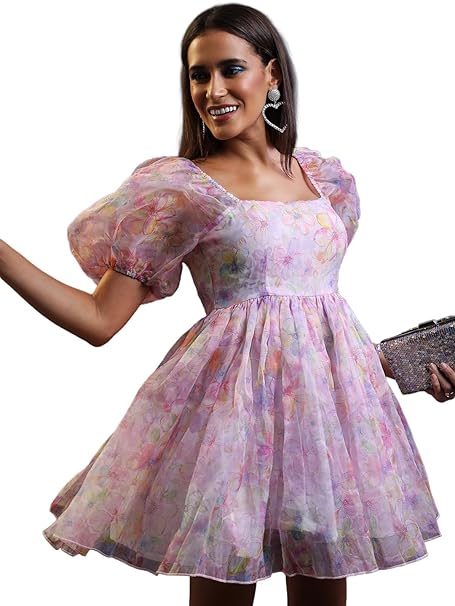 Tokyo Talkies Women's Short Sleeves Square Neck Printed Dresses | Stylish| Party Dresses