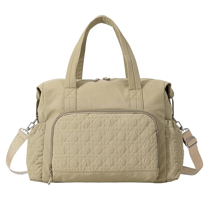 PALAY® Travel Bag for Woman Khaki Quilting Nylon Gym Bag with Detachable Strap Large Capacity Multi-Pockets Duffle Bags for Travelling