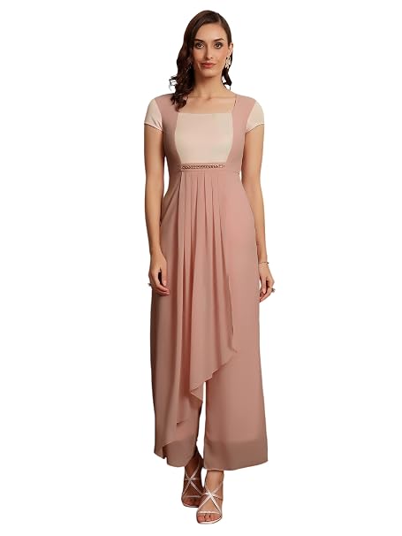 Miss Chase Women's Square Neck Short Sleeve Embellished Pleated Regular-Length Jumpsuit