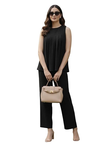 GRECIILOOKS Co-Ord Set for Women stylish | Jumpsuit For Women's Stylish | Dress | Travel | Sheer Cotton Textured Sleeveless Top And Straight Pants
