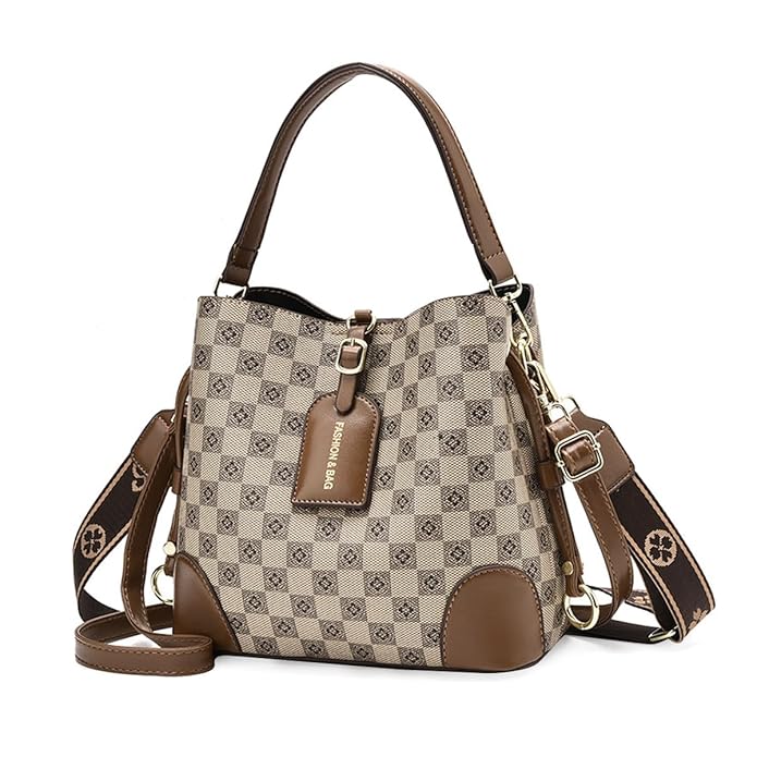 PALAY® Hand Bag for Women Fashion Check Pattern Crossbody Bag with Detachable Shoulder Belt, Fashion Bucket Bag Daily Versatile Bucket Bag for Women