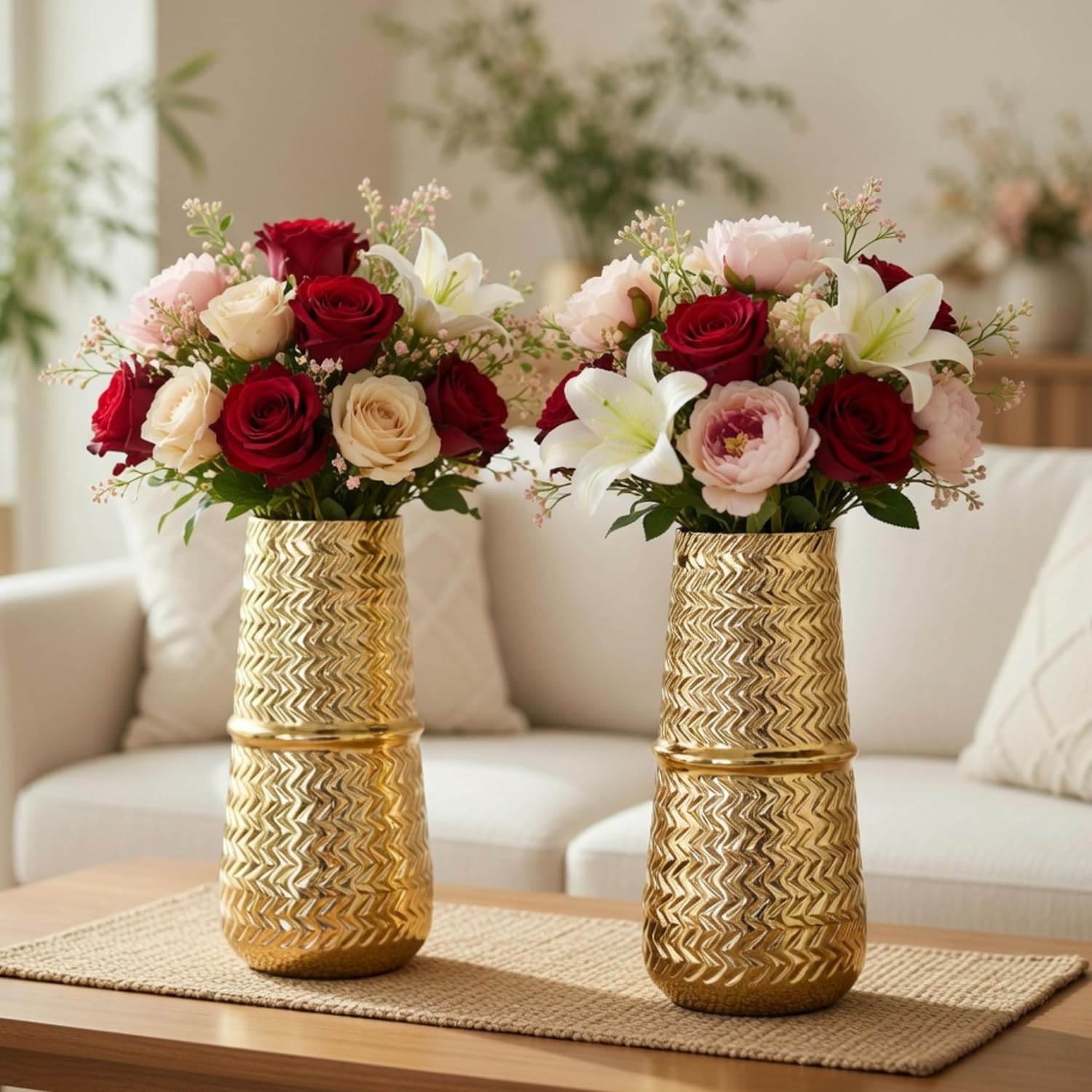 BEHOMA Arrow Engrave Metal Cylindrical Vase for Home Décor, Bedroom, Living Room, Office | Table Decorative Item for Festivals, Birthday, Wedding Decoration | 9.2" Golden, 2 Pcs (Flower not Included)