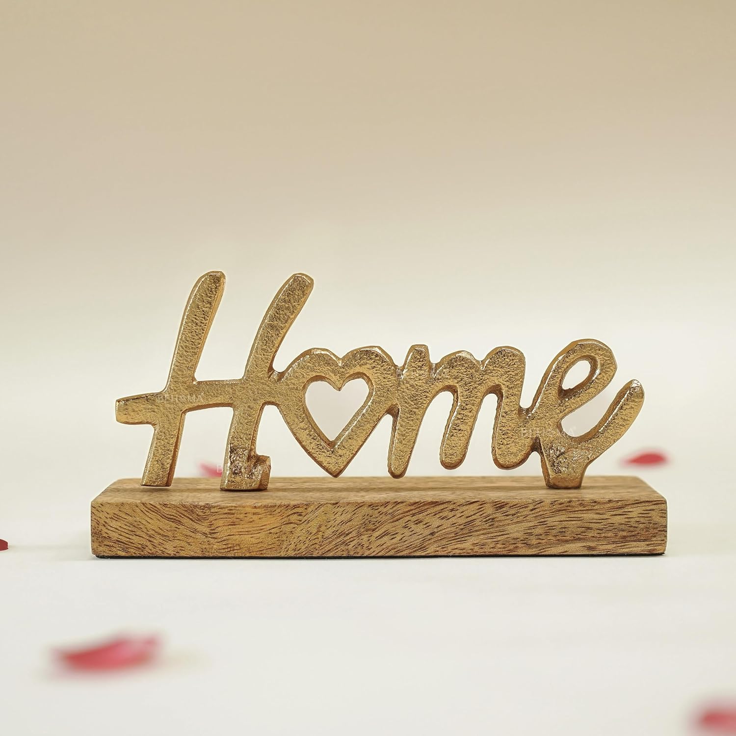 BEHOMA Sign Decor | Word Showpiece for Living Room | Wooden Base Metal Sign | Housewarming Gift & Decoration Items for Living Room | Tabletop Desk Shelf Decoration | Gold (Home)