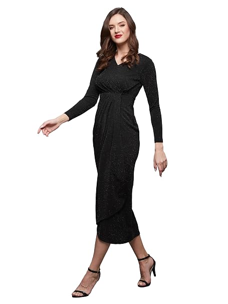 Miss Chase Women's V-Neck Full Sleeve Self Design Wrap Polyester Midi Dress
