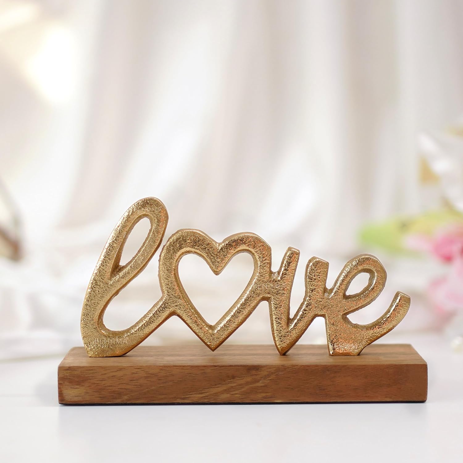 BEHOMA Sign Decor | Word Showpiece for Living Room | Wooden Base Metal Sign | Housewarming Gift & Decoration Items for Living Room | Tabletop Desk Shelf Decoration | Gold (Love)