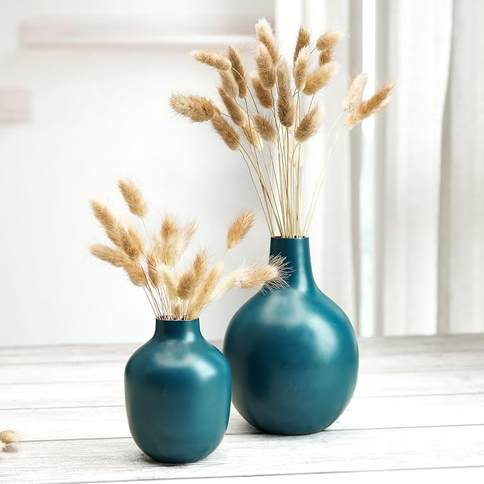 Behoma Opal Blue Metal Flower Vase for Home Decor| Decoration Item for Living Room Office| Table Decorative Flower Pot for Gifting | (Pack of 2, Opal Blue) (Flower not Included)