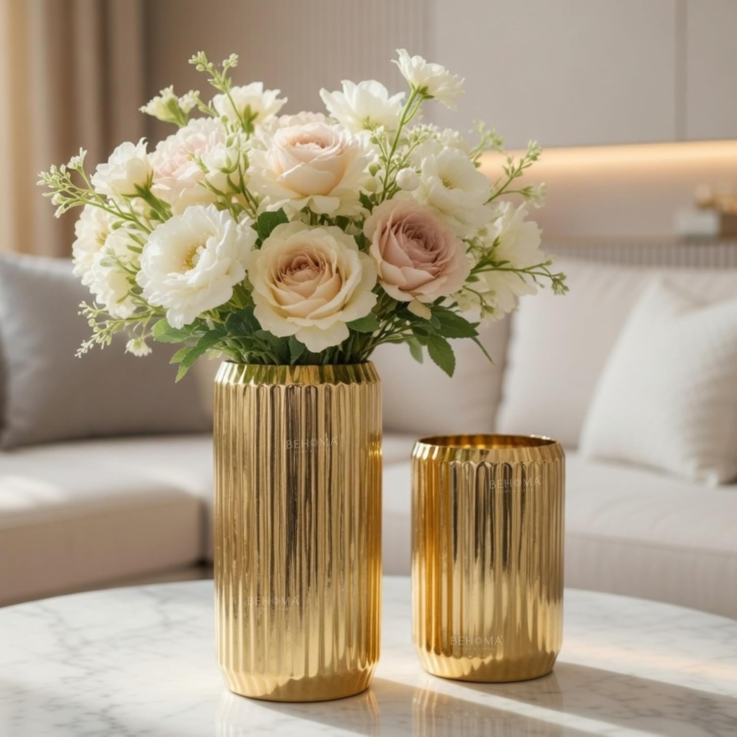 Behoma Metal Fluted Column Flower Vase Set of 2 for Home Decor | Golden Ribbed Modern Vase Combo (Medium & Small) for Living Room, Bedroom, Office & Table Decoration | Gold (Flower Not Included)
