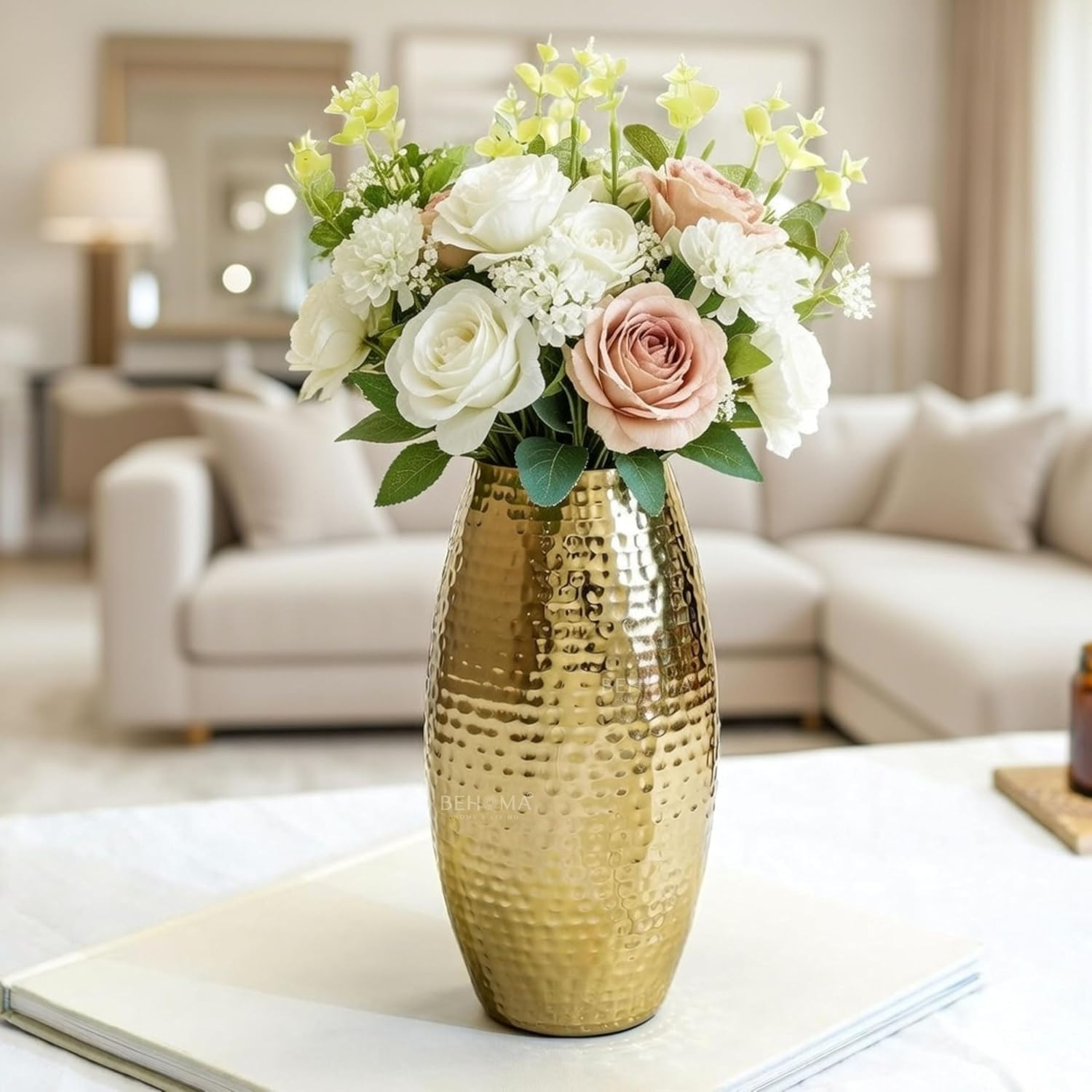 Behoma Metal Hammered Vase for Home Decor Decoratives for Living Room | Best Gift for Birthday Anniversary Valentine's Day Diwali Ganpati Onam |Golden Oblong Shape 1 Large Pcs (Flower not Included)