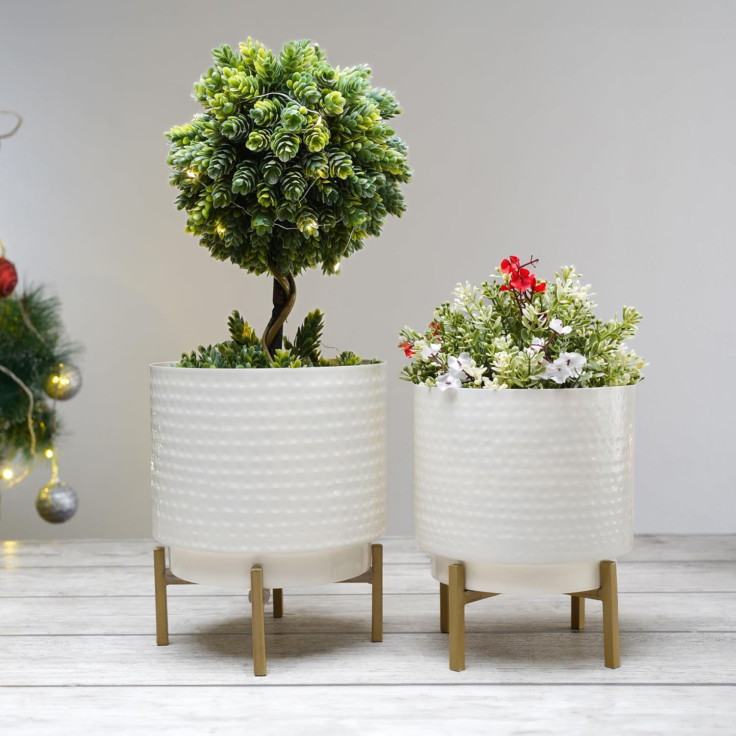 BEHOMA Hammered Metal Indoor Planter for Table Top and Floor | Living Room Drawing Room Balcony Office | Decoration Ideas for Plants| Set of 2 White Colour (Plants not Included)