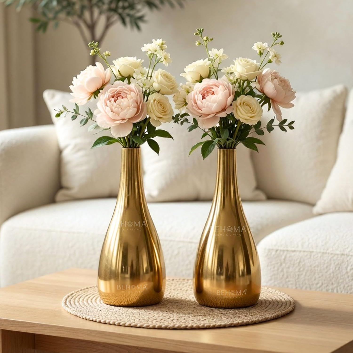 BEHOMA Golden Metal Flower Vase Set of 2 for Home Décor | Table Top Decorative Teardrop Vase for Living Room, Office & Bedroom | Gift for Birthday, Anniversary | 19 cm (Flower Not Included)