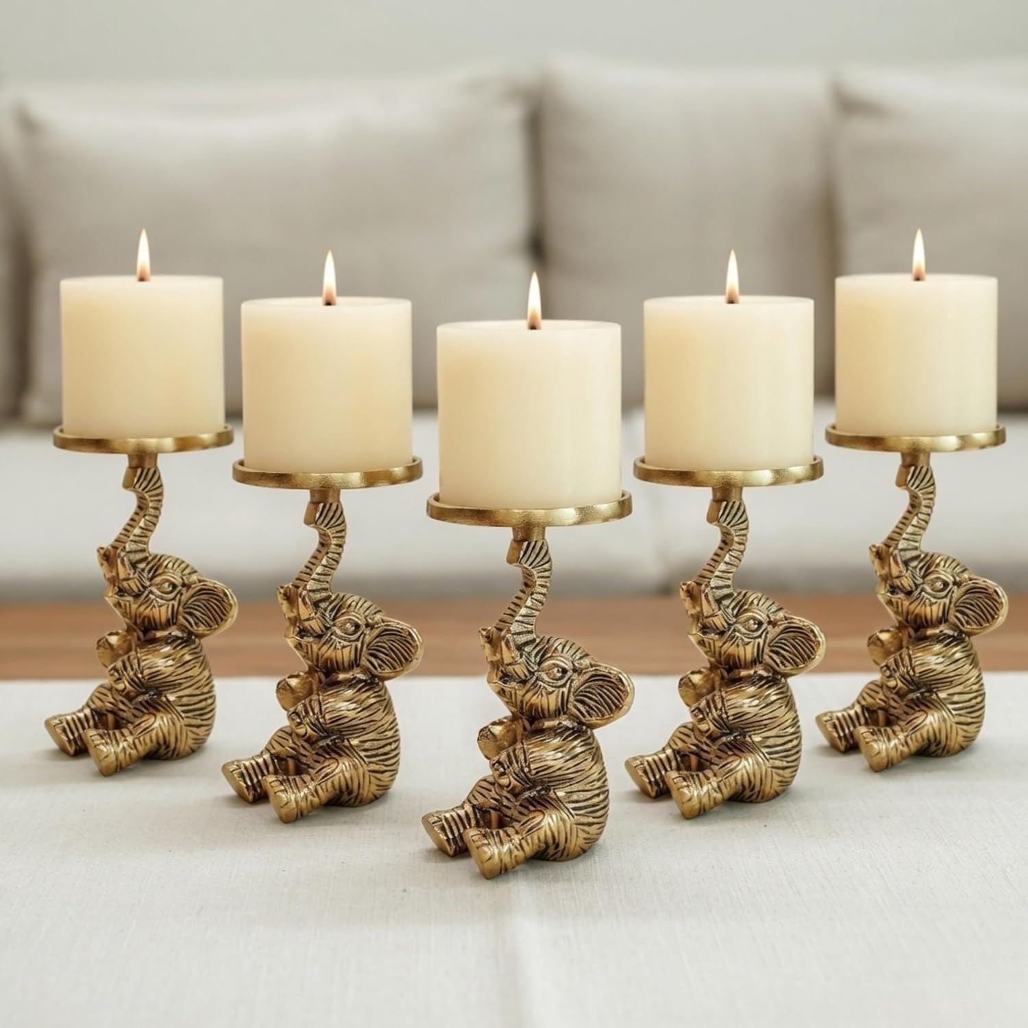 BEHOMA Handcrafted Aluminium Elephant Pillar Candle Holder Pack of 5 | Gold Decorative Showpiece for Home Decor, Tabletop, Living Room, Wedding & Housewarming Gift