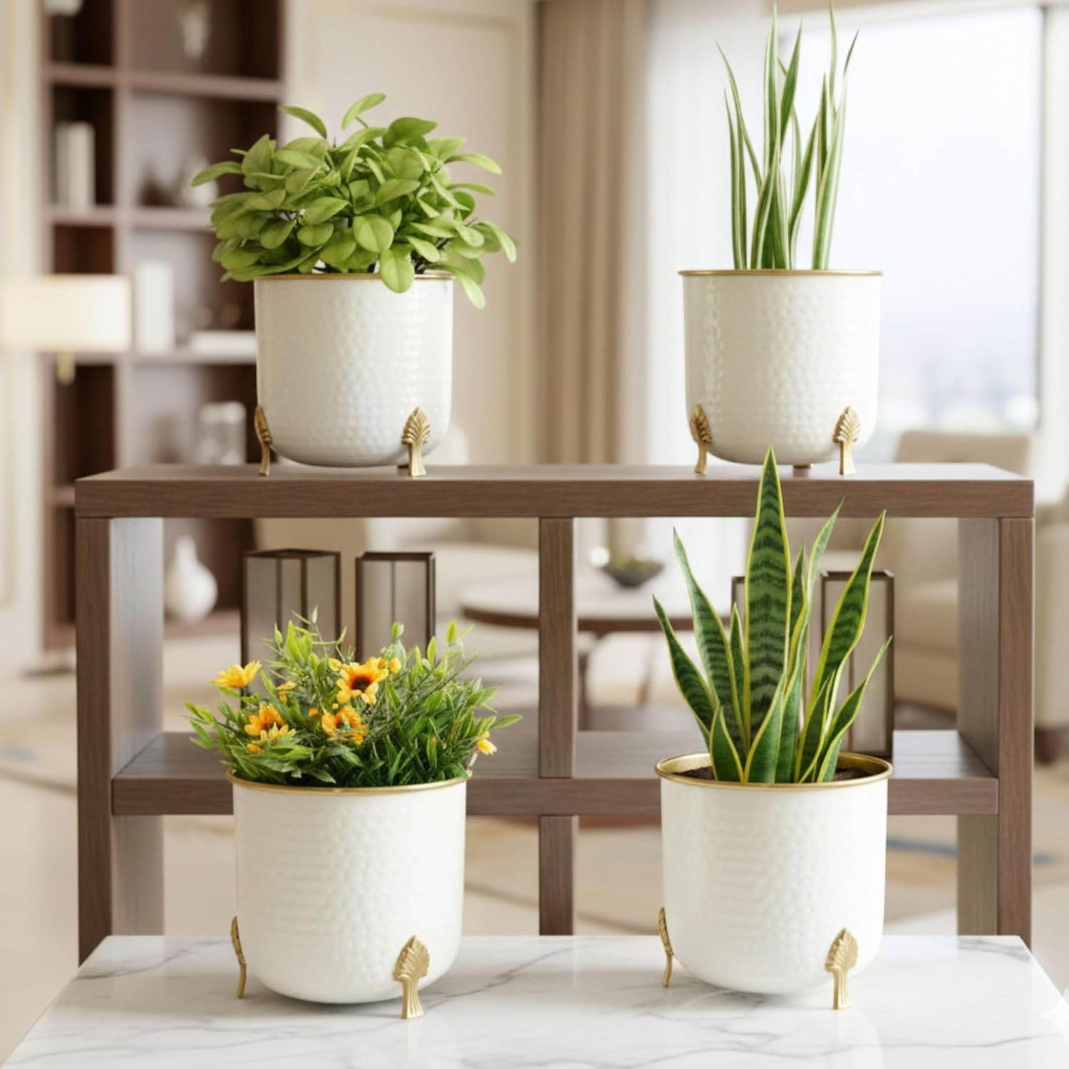BEHOMA Metal Hammered White Planter with Golden Trim for Home Decor | Pot for Indoor Outdoor Balcony Living Room | Table Plant Pot for Gifting | Size H-6" x Dia.6 inch, Set of 4 (Plant not Included)