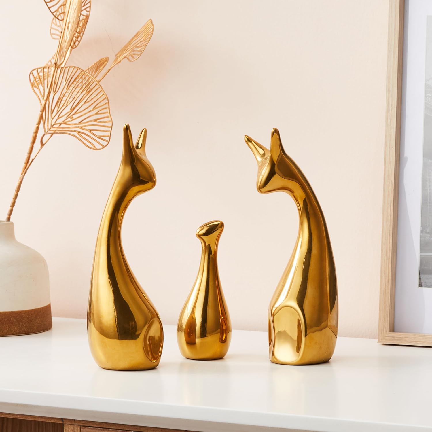 Amazon Basics Home Decor Deer Menage Metallic Finish Ceramic Figures - (Set of 3, Golden Set)