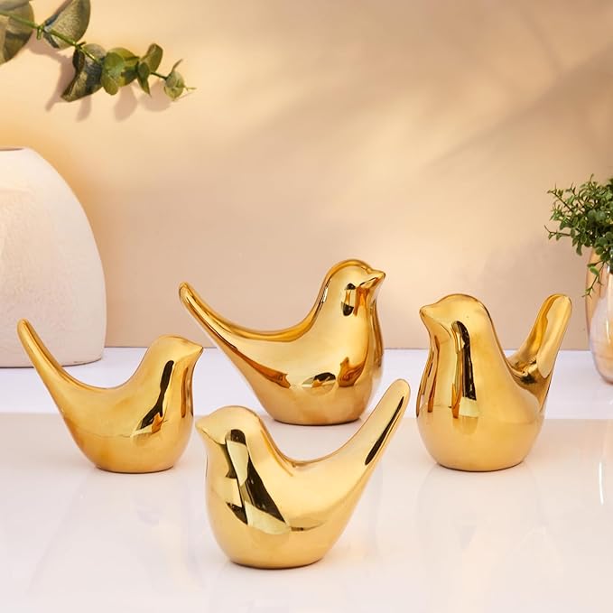 Amazon Basics Ceramic Golden Blessing Birds Figurine for Home Decor | Living Rooms, Bedrooms, Office Desks, Cabinets (Pack of 4, Golden)