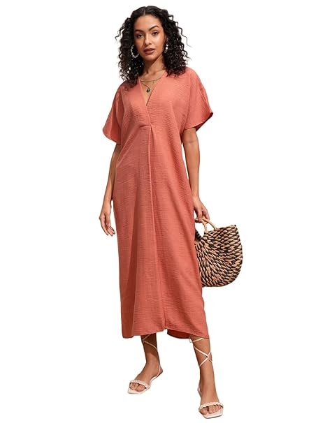 Tokyo Talkies Women's Dresses for Women | Solid Color | Kaftan Style | Holiday Midi Dress | Short Kaftan Sleeves | Relaxed & Elegant