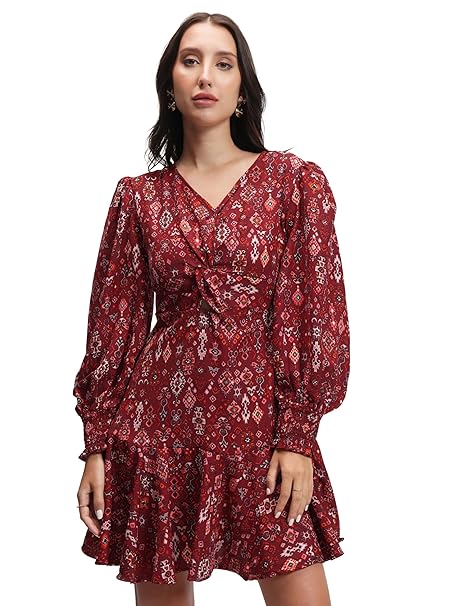 Tokyo Talkies Womens V-Neck Ethnic Motifs Printed Cut-Out Mini Fit & Flare Dress | Chic & Stylish for Casual & Special Occasions | Dress for Women | Women Dress | Stylish Women Dress